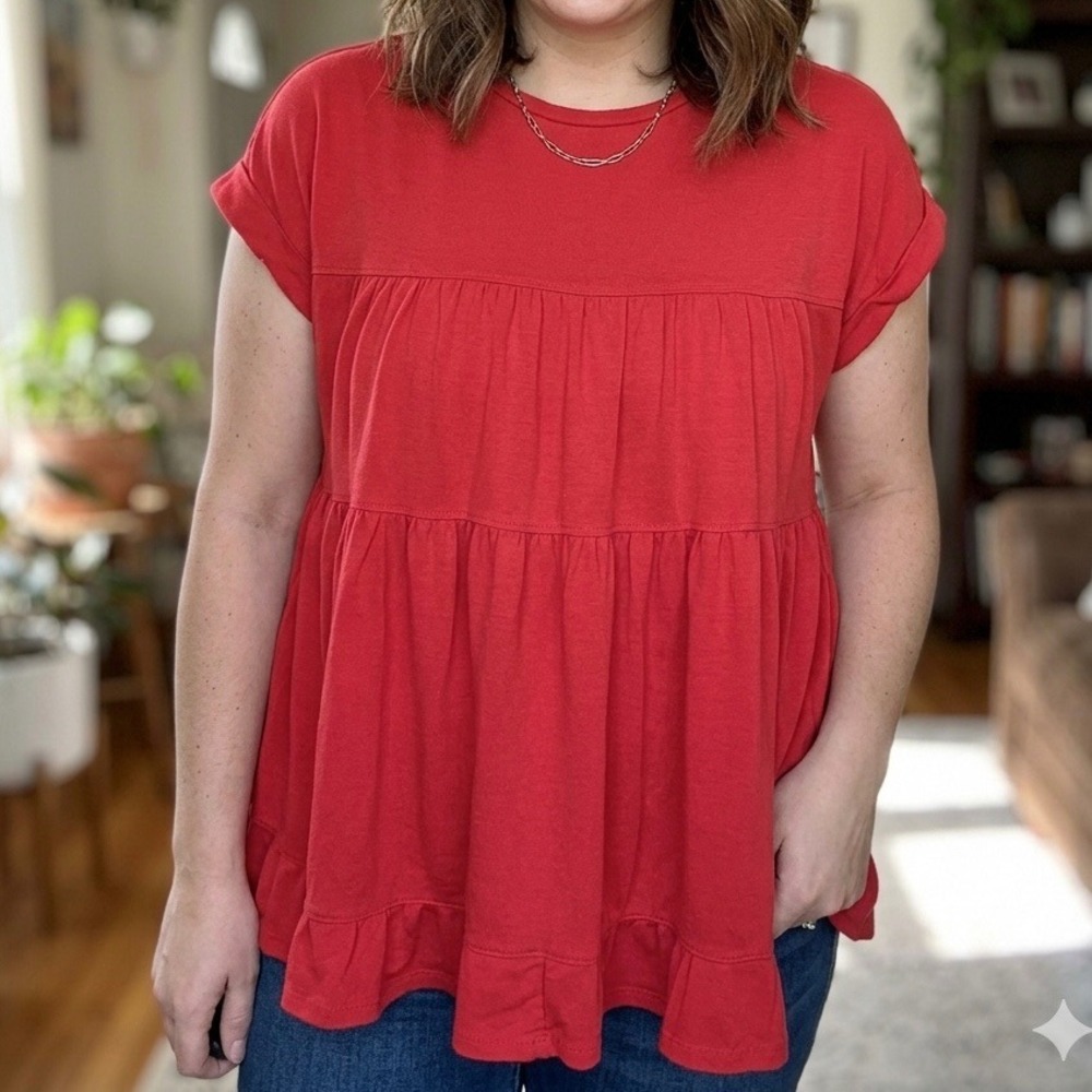 JODIFL‎ Red Tiered Babydoll Top Tunic Ruffle Short Sleeve Women's Medium M Boho